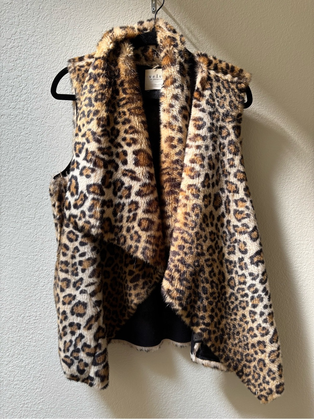Velvet by Graham & Spencer Leopard Faux Fur Draped Vest in Tan and Black